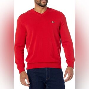Lacoste Red V-Neck Knit Sweater | Crocodile Logo | Classic Preppy Pullover